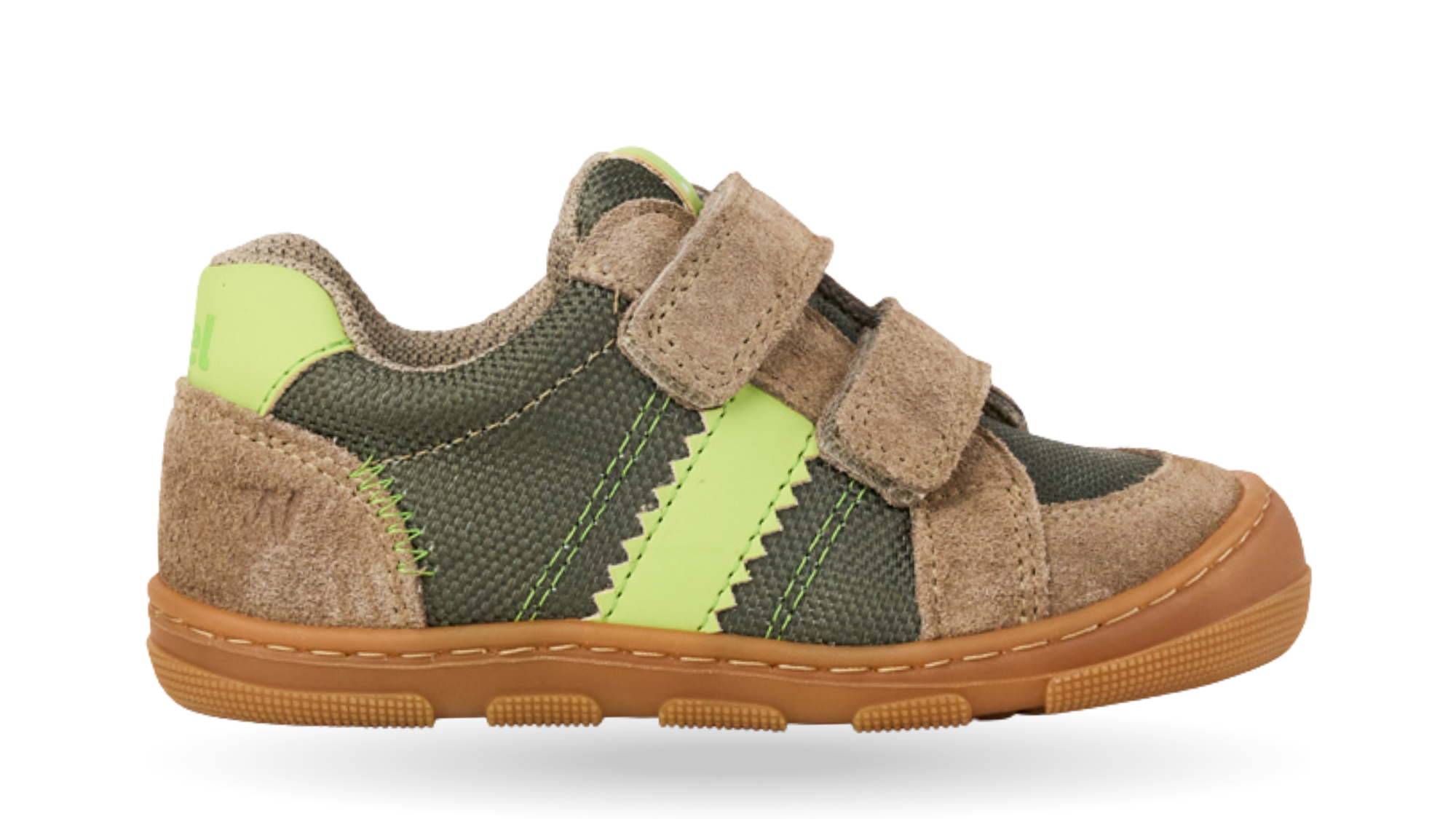 Barfußschuh für Kinder, geschlossene Zehen und geschlossener Fersenbereich, Doppelklettverschluss, flexible Sohle, Einzelschuh, Seitenansicht außen