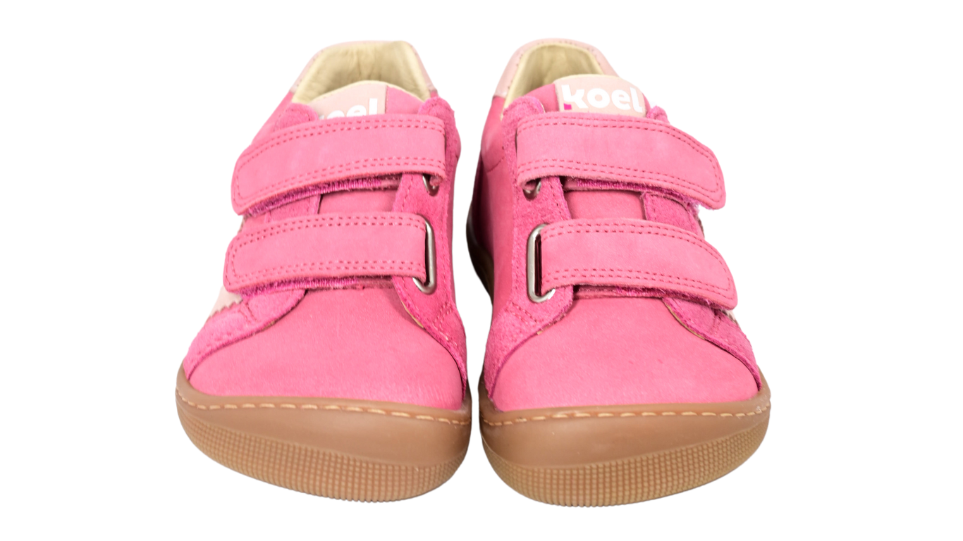 Barfußschuh für Kinder, geschlossene Zehen und geschlossener Fersenbereich, Doppelklettverschluss, flexible Sohle, Vorderansicht als Paar