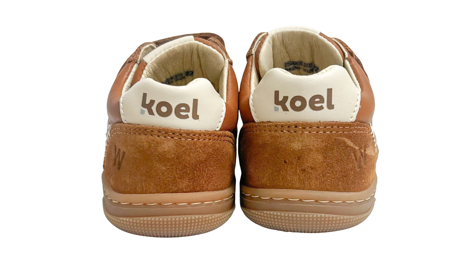 Barfußschuh für Kinder, geschlossene Zehenpartie, geschlossener Fersenbereich, zwei Klettverschlüsse, seitliche Streifen, Ziernähte im Seitenbereich, flache Sohle, Rückansicht als Paar