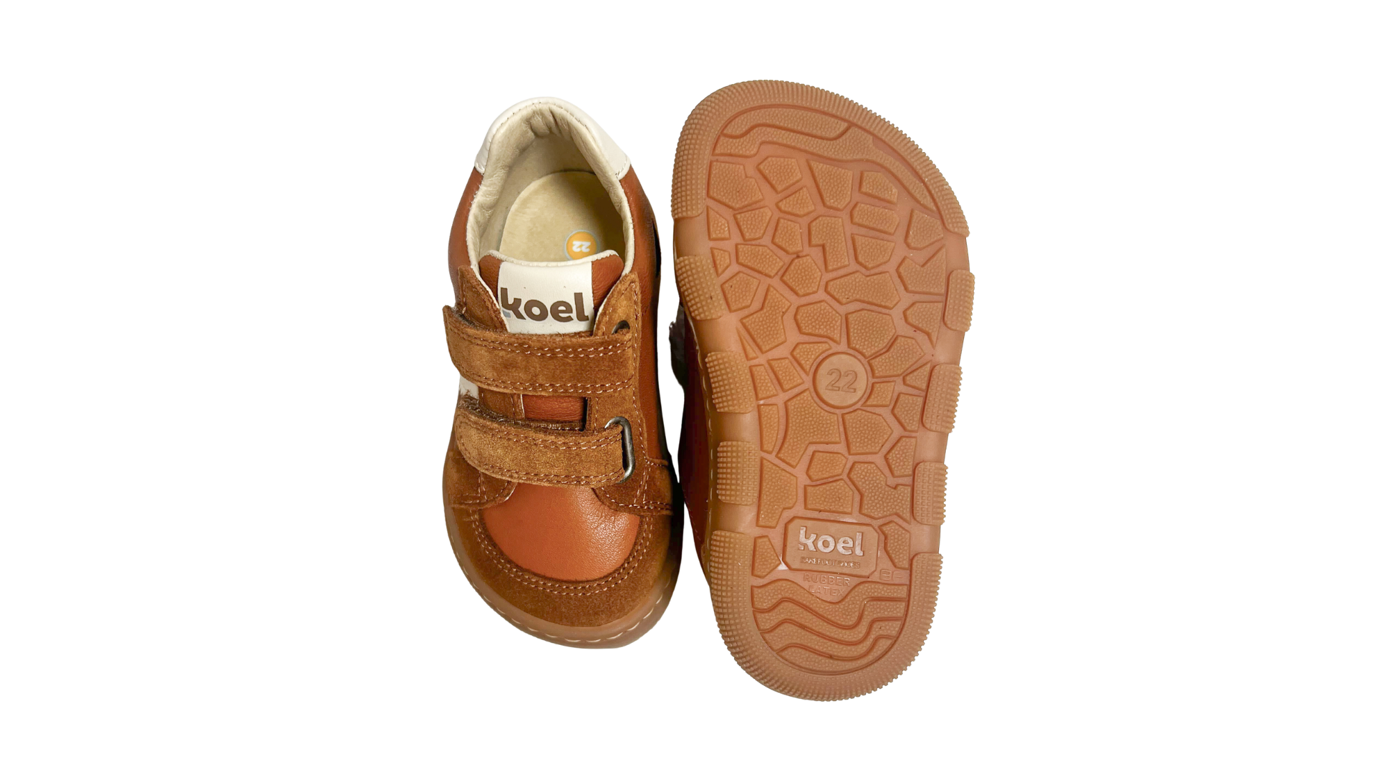 Barfußschuh für Kinder, geschlossene Zehenpartie, geschlossener Fersenbereich, zwei Klettverschlüsse, seitliche Streifen, Ziernähte im Seitenbereich, flache Sohle, Ansicht von unten und Draufsicht, Paar