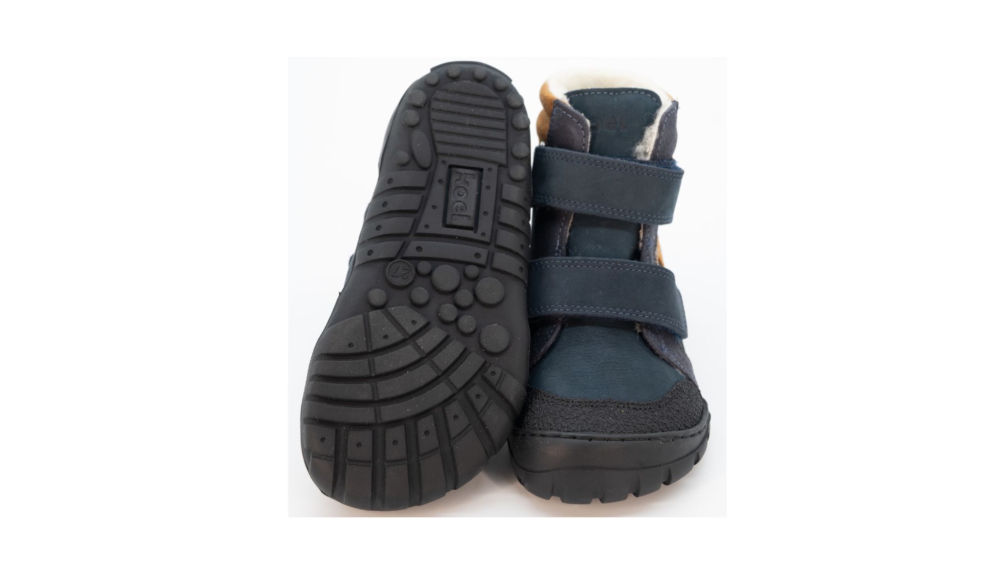 Koel Milo 3.0 Hydro WP, wasserdichter Leder-Kinderstiefel mit zwei Klettverschlüssen und robuster Profilsohle, Vorderansicht und Ansicht von unten als Paar