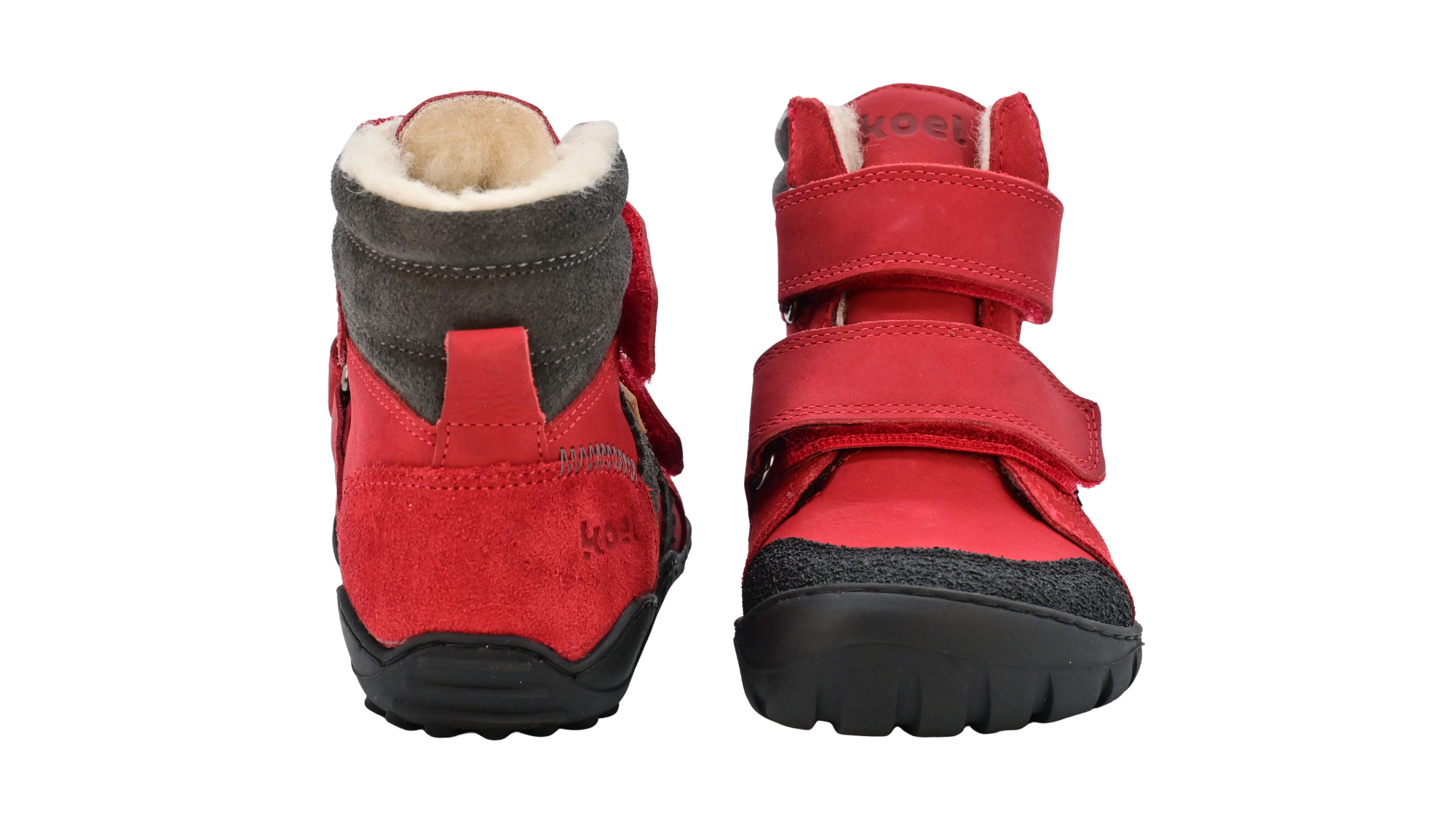 Koel Milo 3.0 Hydro WP, wasserdichter Leder-Kinderstiefel mit zwei Klettverschlüssen und robuster Profilsohle, Vorderansicht und Rückansicht als Paar