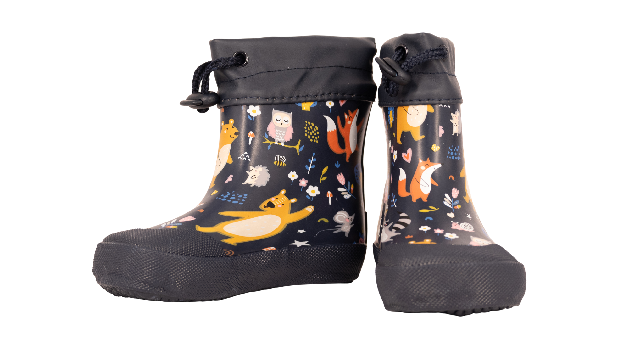 Gummistiefel für Kinder, geschlossene Zehenpartie, geschlossener Fersenbereich, hoher Schaft mit Gummizug und Stopper, gemustertes Obermaterial, profilierte Sohle, Seiten- und Vorderansicht, Paar
