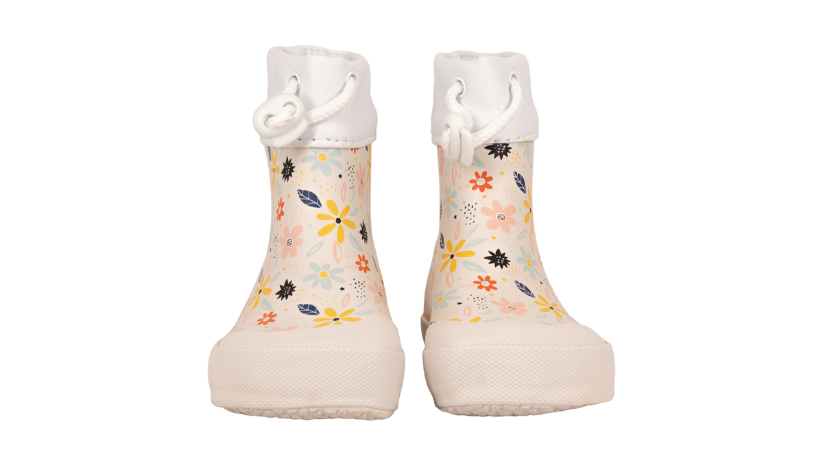 Gummistiefel für Kinder, geschlossene Zehenpartie, geschlossener Fersenbereich, hoher Schaft mit Gummizug und Stopper, gemustertes Obermaterial, profilierte Sohle, Vorderansicht, Paar