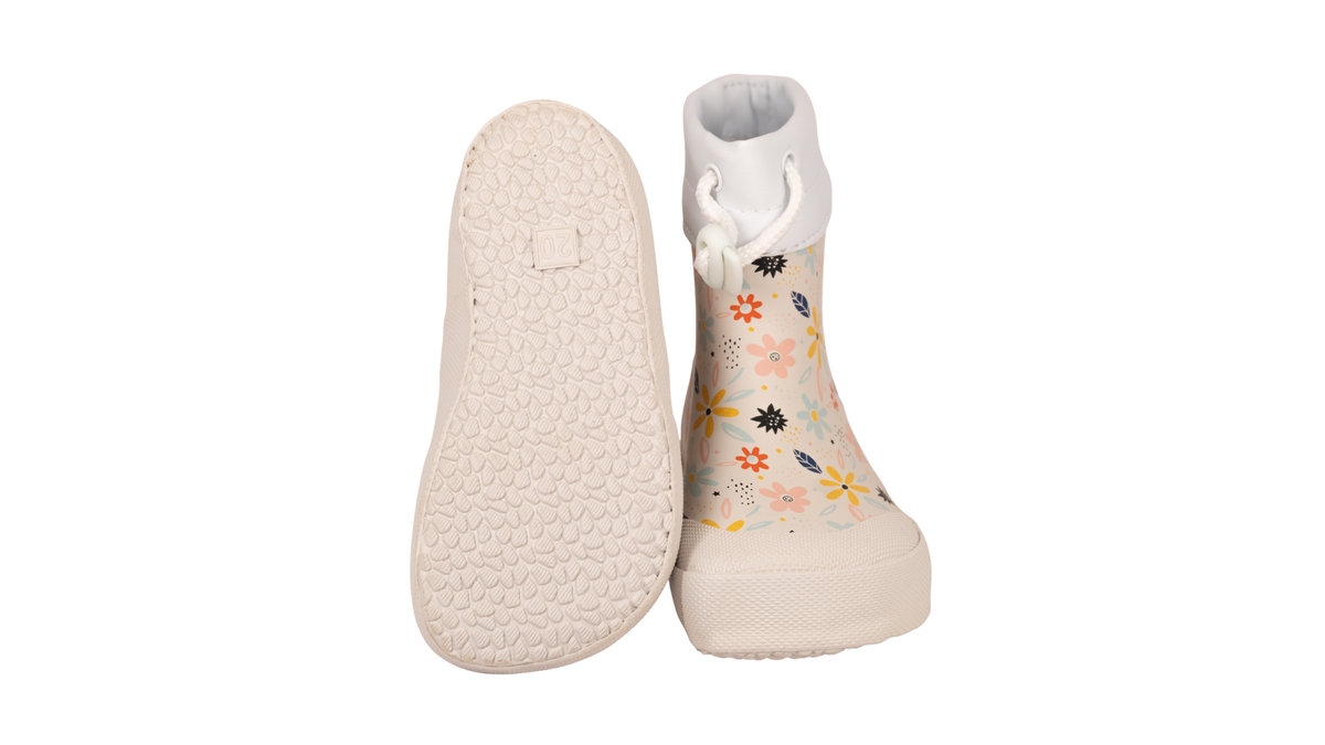 Gummistiefel für Kinder, geschlossene Zehenpartie, geschlossener Fersenbereich, hoher Schaft mit Gummizug und Stopper, gemustertes Obermaterial, profilierte Sohle, Ansicht von unten und Vorderansicht, Paar