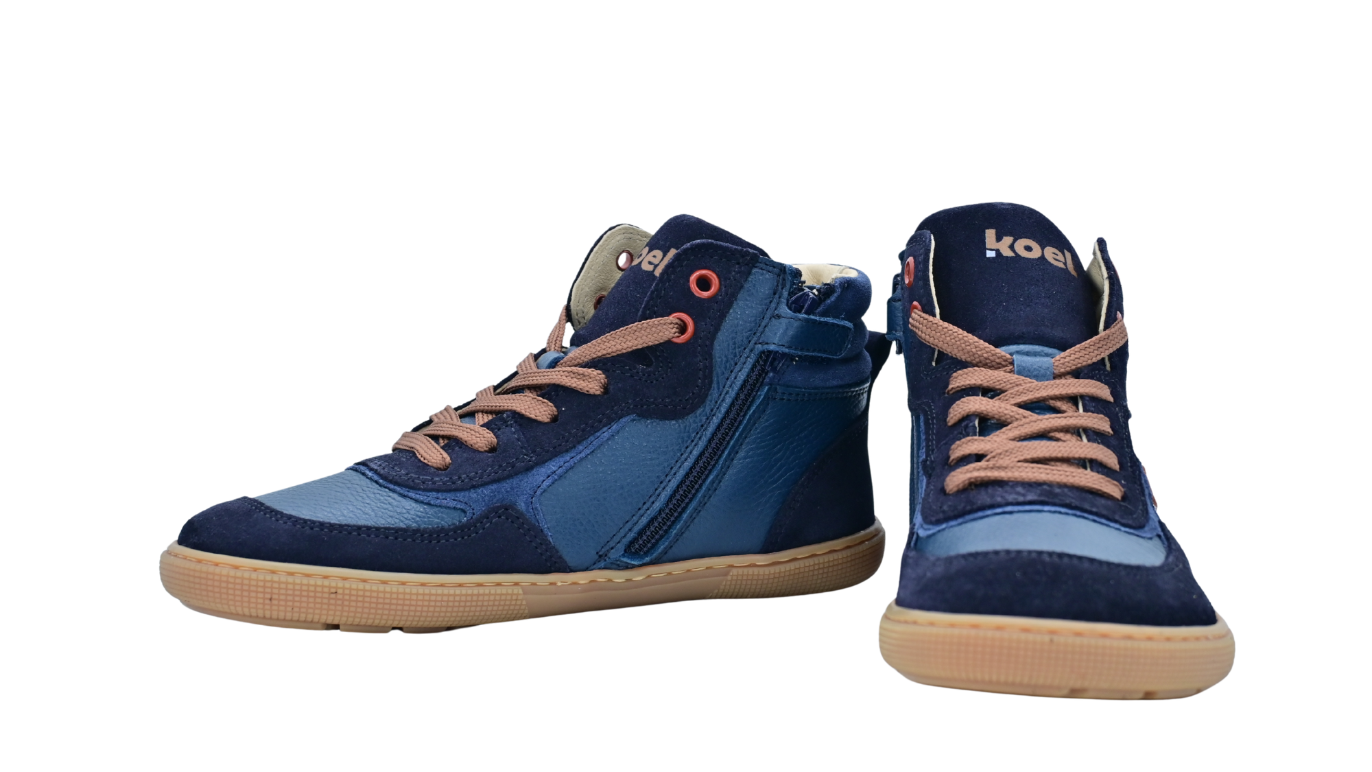 Paar halbhohe Barfuß-Sneaker für Kinder mit Schnürung, Reißverschluss und breiter Zehenbox, schräge Vorderansicht und Seitenansicht innen