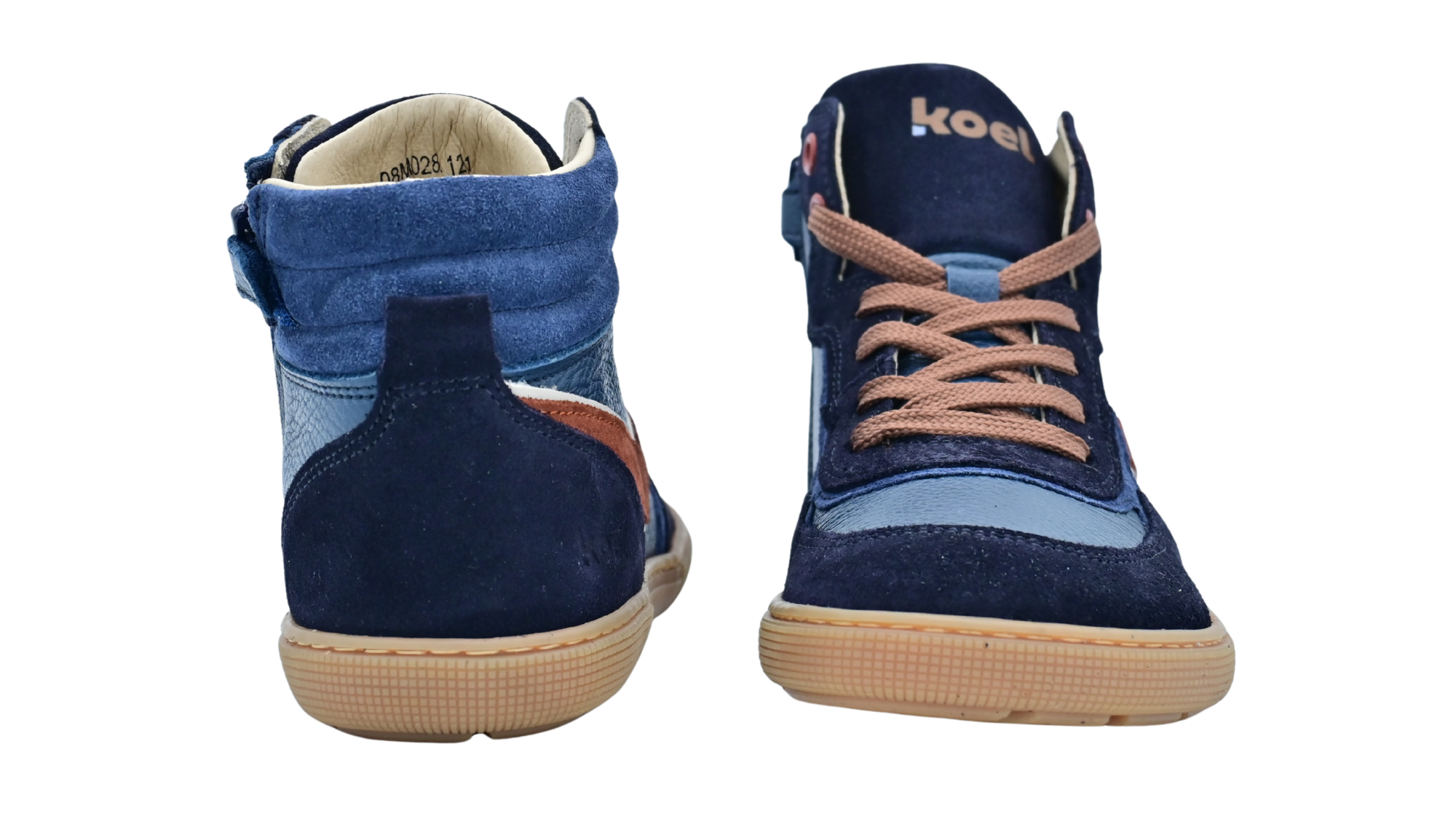 Paar halbhohe Barfuß-Sneaker für Kinder mit gepolstertem Schaft, Rückansicht und Vorderansicht