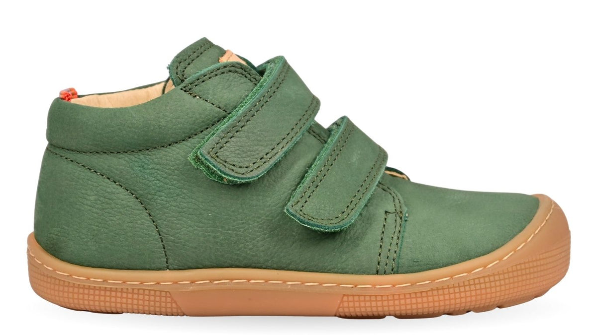 Barfußschuh für Kinder, knöchelhoch, geschlossene Zehen und geschlossener Fersenbereich, Doppelklettverschluss, flexible Sohle, Einzelschuh, Seitenansicht außen