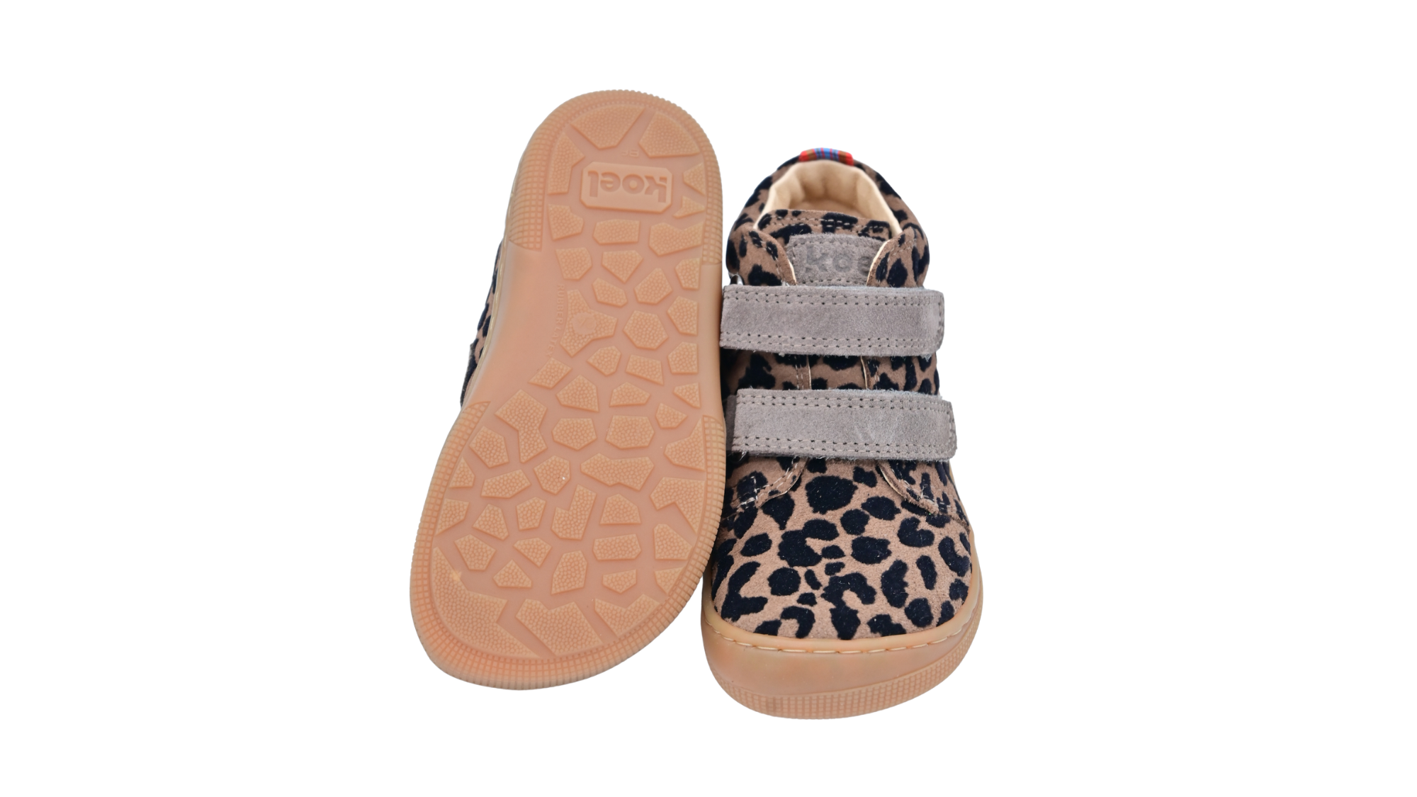 Paar Barfußschuhe für Kinder mit profilierter Laufsohle, breiter Zehenbox und Klettverschluss, Ansicht von unten und oben