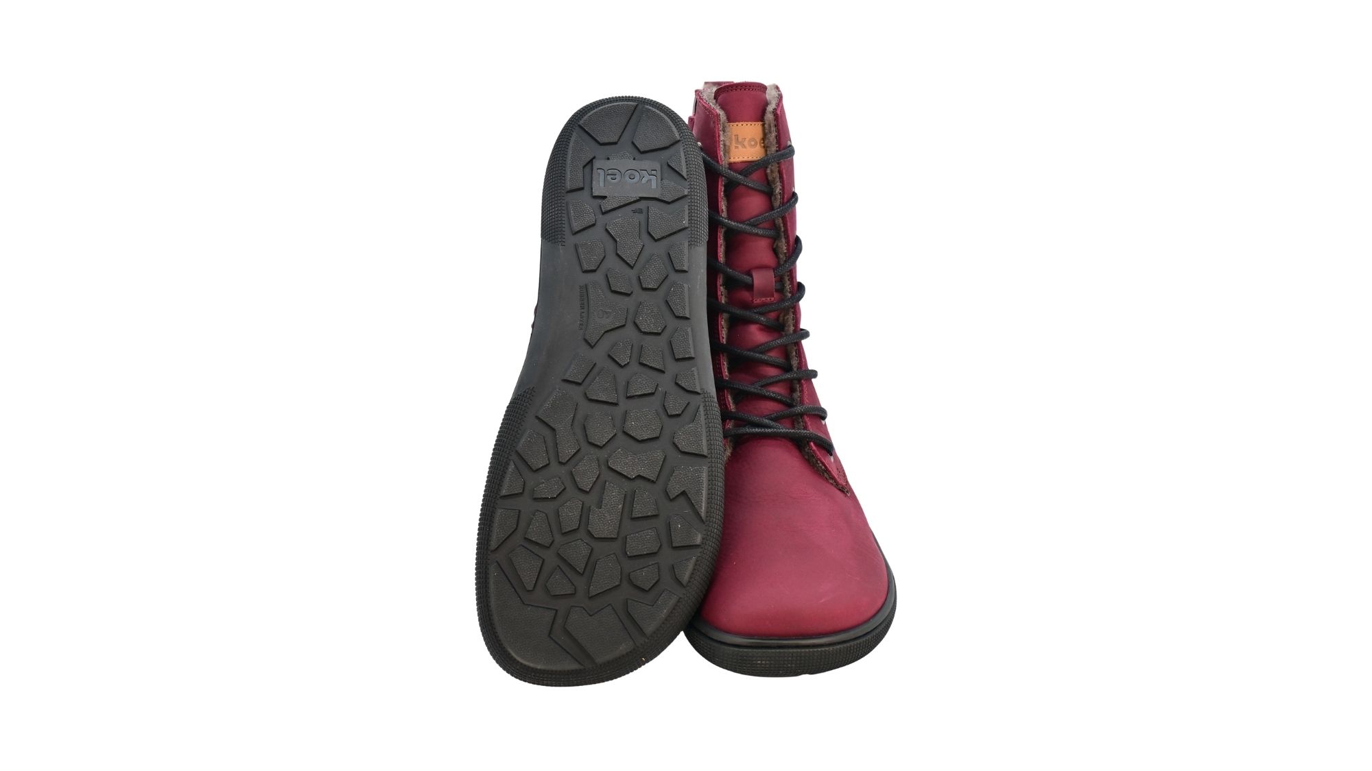 Barfußstiefel für Erwachsene mit flacher Sohle als Paar, Ansicht von unten und Vorderansicht