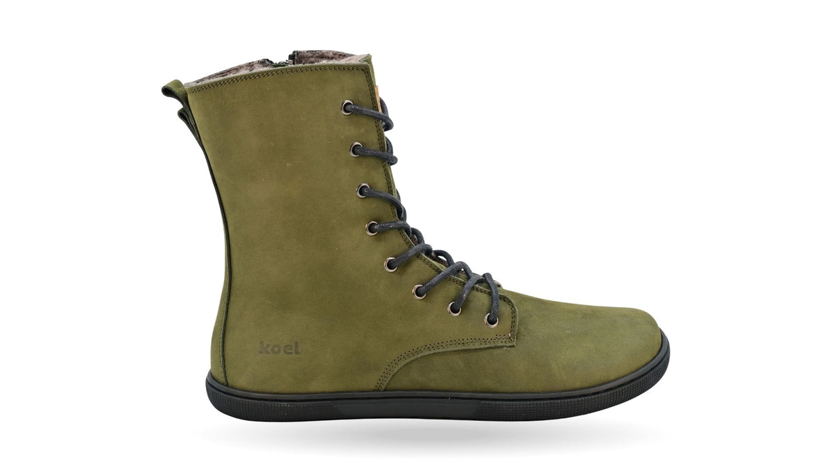 Barfußstiefel für Erwachsene mit Schnürung, breiter Zehenbox und geschlossenem Schaft, Seitenansicht außen