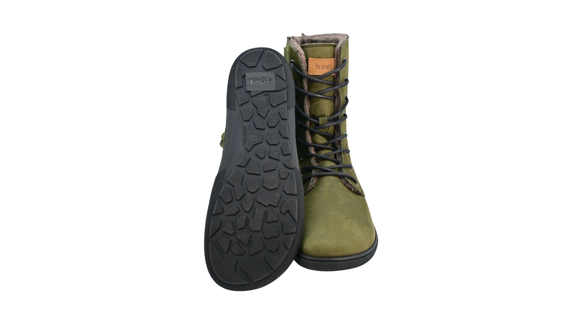 Barfußstiefel für Erwachsene mit flacher Sohle als Paar, Ansicht von unten und Vorderansicht