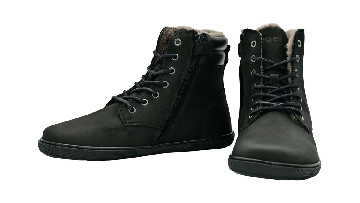 Gefütterte halbhohe Barfußschuhe für Damen mit Schnürung und breiter Zehenbox, Seitenansicht innen und Vorderansicht