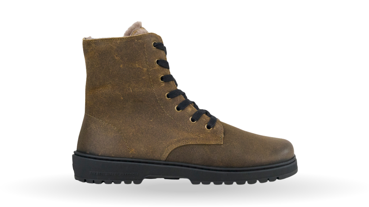 Halbhoher Barfußschuh für Damen mit Schnürung, breiter Zehenbox, geschlossener Zehen- und Fersenpartie sowie Profilsohle, Seitenansicht außen