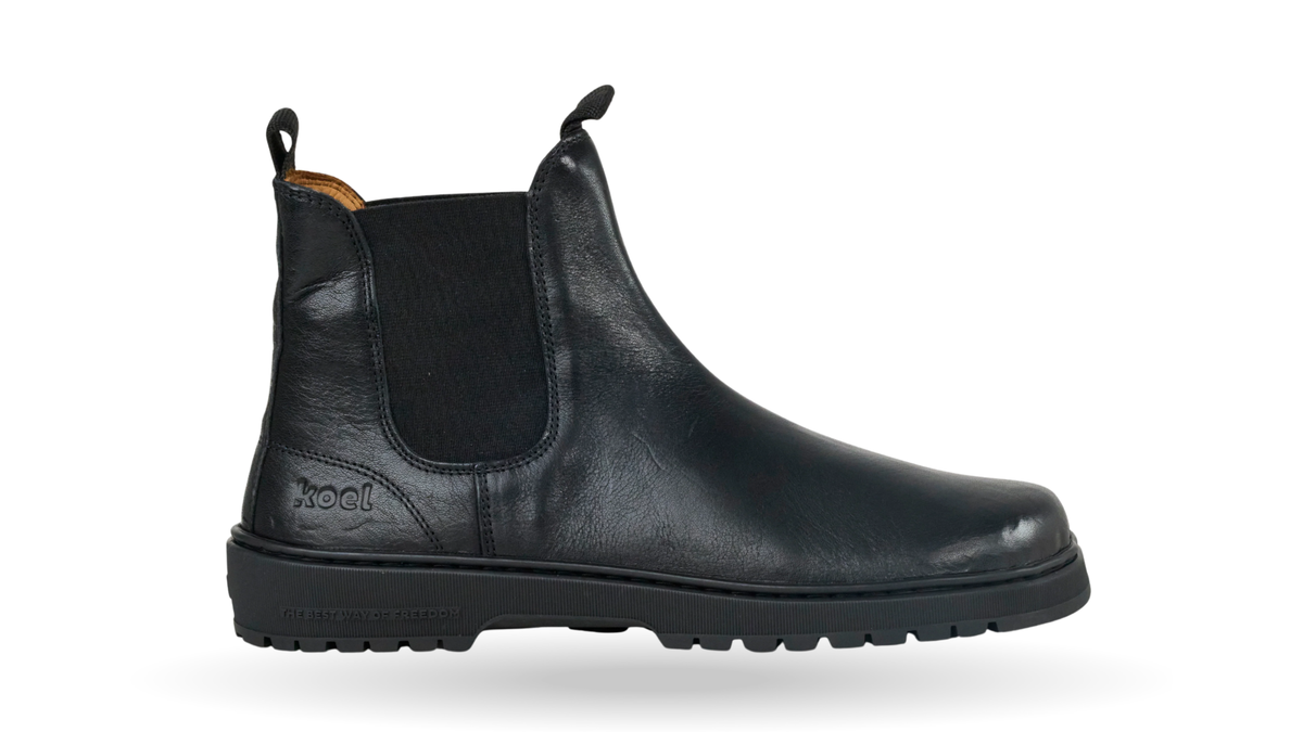 Chelsea-Barfußschuh für Damen mit breiter Zehenbox, elastischem Seiteneinsatz und Anziehschlaufen, Seitenansicht außen