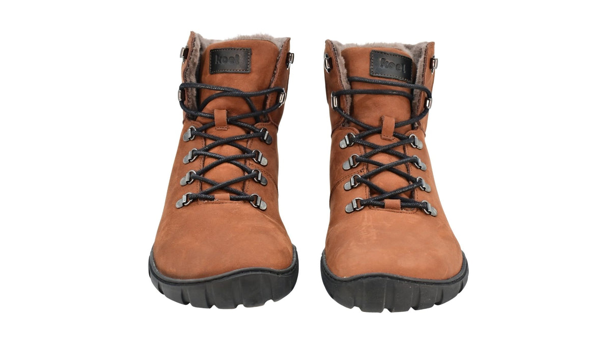 Barfußwinterstiefel für Erwachsene mit Schnürung, breiter Zehenbox und geschlossenem Schaft als Paar, Vorderansicht