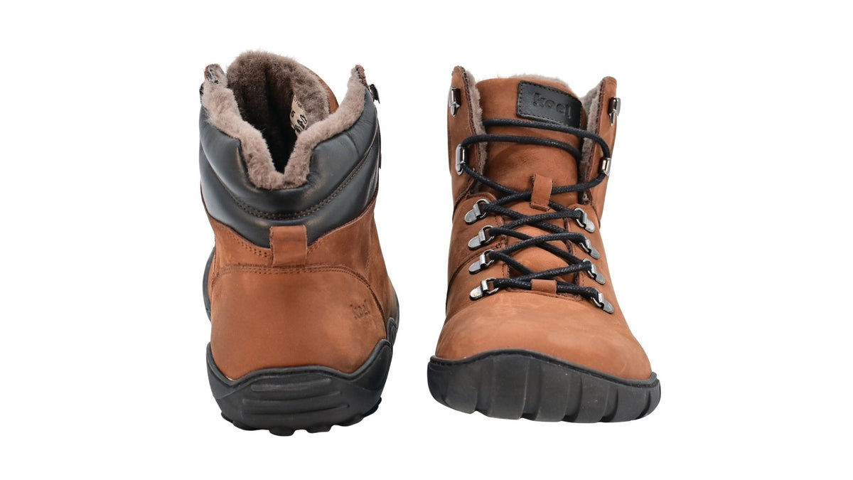 Barfußwinterstiefel für Erwachsene mit Schnürung, breiter Zehenbox und geschlossenem Schaft als Paar, Rückansicht und Vorderansicht