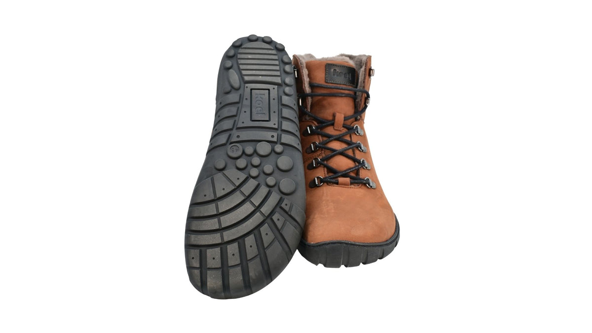 Barfußwinterstiefel für Erwachsene mit Schnürung, breiter Zehenbox und geschlossenem Schaft als Paar, Ansicht von unten und Vorderansicht