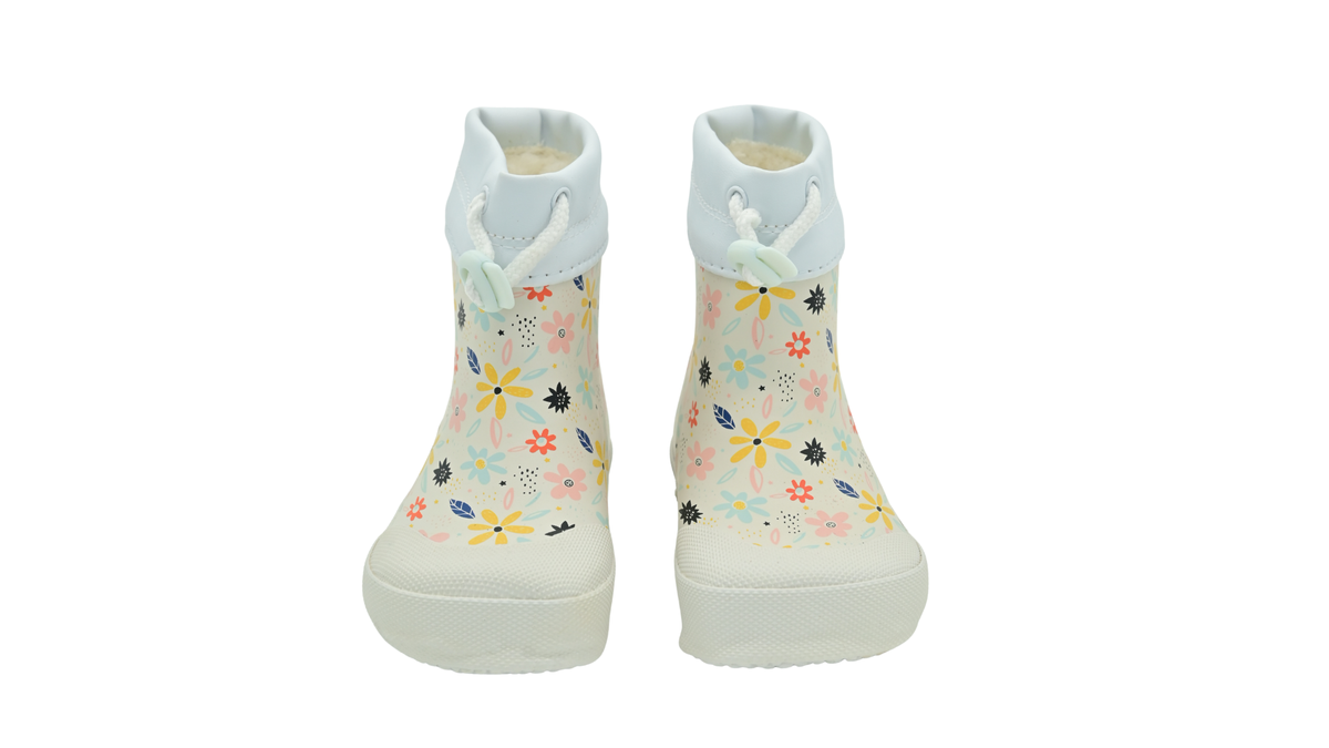 Paar gefütterte Gummistiefel für Kleinkinder mit Schaftrand und Kordelverschluss, Vorderansicht