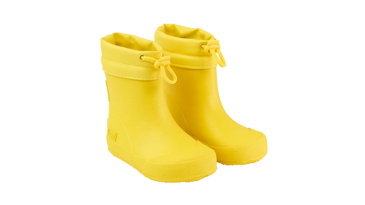 Paar Gummistiefel für Kleinkinder mit kurzem Schaft und Kordelzug am Schaftrand, schräge Vorderansicht