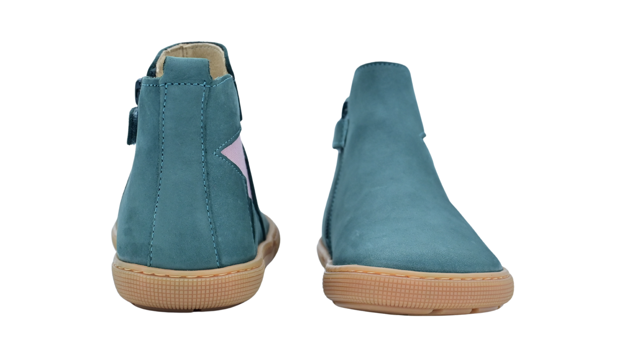 Paar Chelsea-Barfußschuhe für Kinder mit breiter Zehenbox und knöchelhohem Schaft, Vorder- und Rückansicht