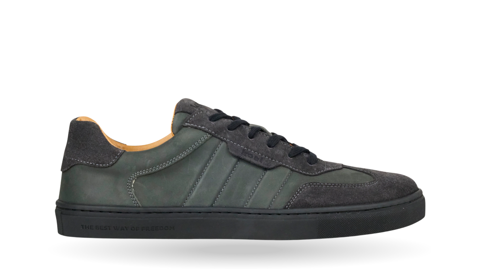 Barfußschuh für Herren mit Schnürung, breiter Zehenbox, geschlossenem Zehenbereich und flacher Sohle, Seitenansicht außen