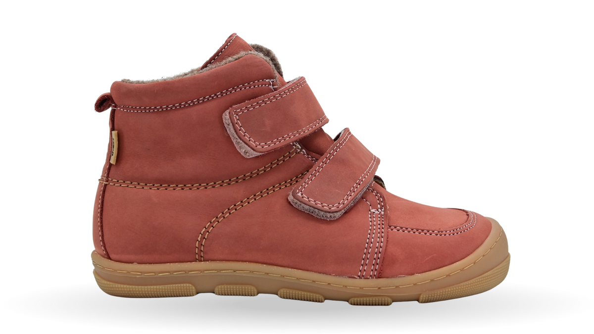 Kinder-Barfußschuh mit zwei Klettverschlüssen, geschlossener Zehenbox und verstärktem Sohlenrand, Seitenansicht außen