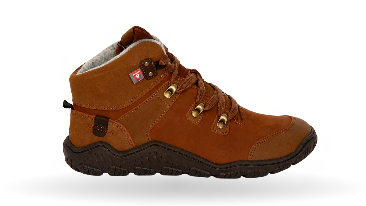 Halbhoher Kinder-Barfußschuh mit breiter Zehenbox, Schnürung und geschlossenen Zehen, Seitenansicht außen