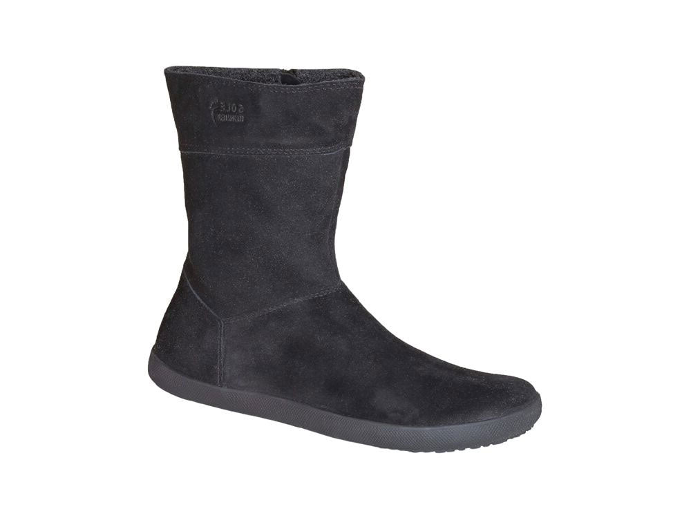 Barfußwinterstiefel, geschlossene Zehen und geschlossener Fersenbereich, ohne Verschluss, flexible Sohle, einzelner Schuh, Seitenansicht außen