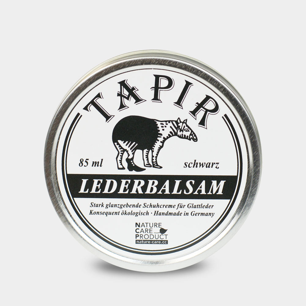 Lederbalsam in runder Metalldose mit Schraubdeckel und Etikett, Draufsicht