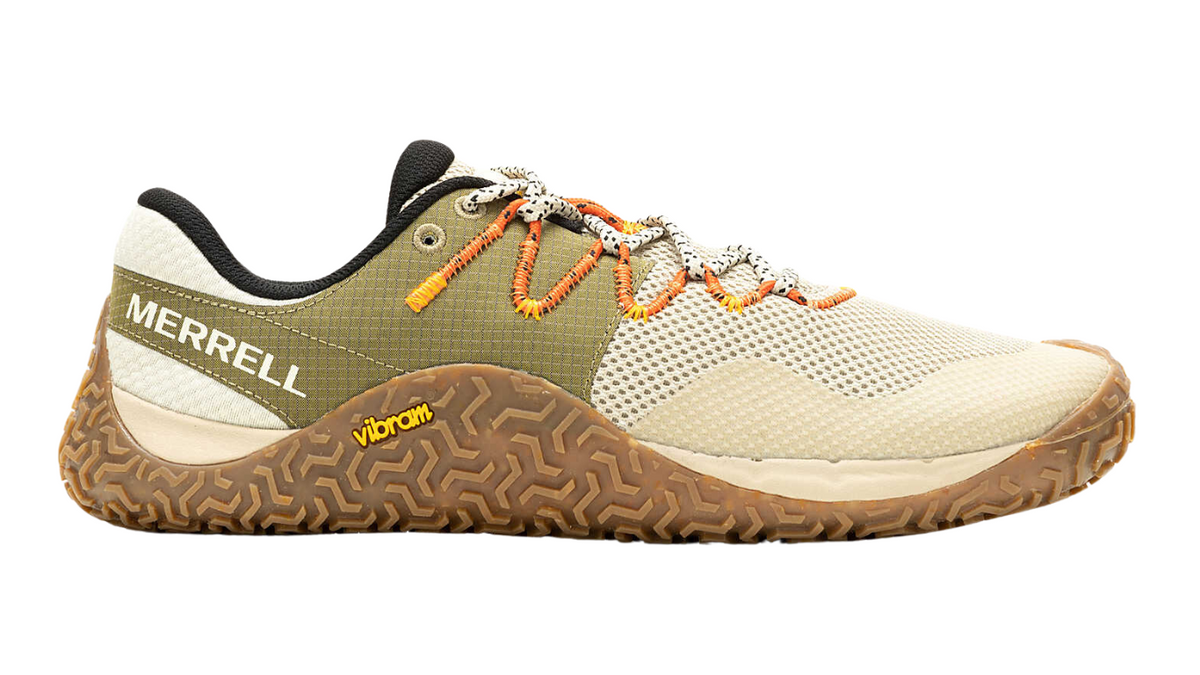 Barfußschuh mit Schnürsenkeln, geschlossener Zehenbox und geschlossenem Fersenbereich, profilierte Sohle, Seitenansicht außen
