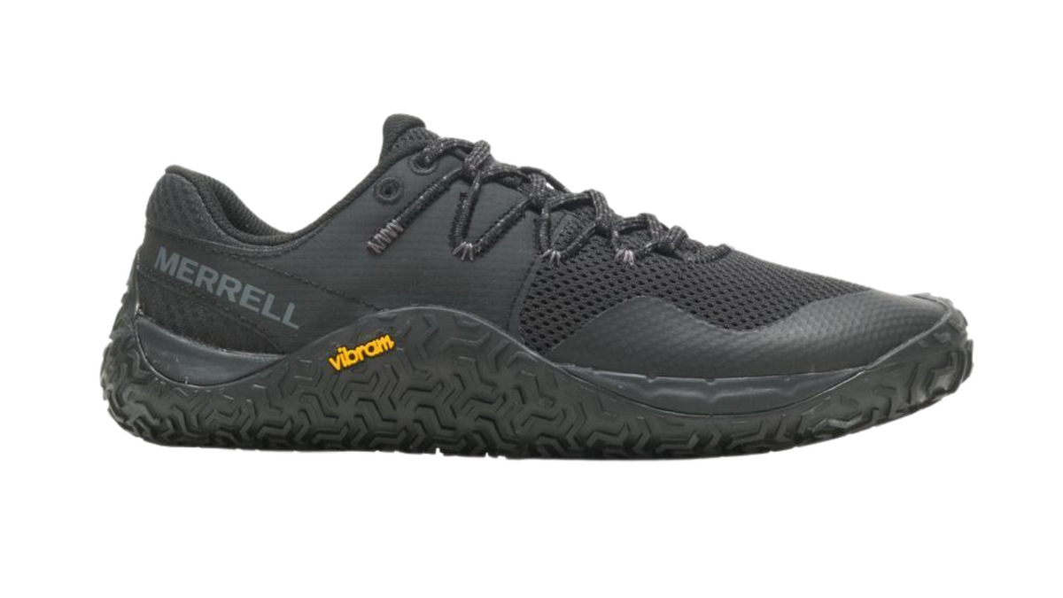 Barfußschuh mit Schnürsenkeln, geschlossener Zehenbox und geschlossenem Fersenbereich, profilierte Sohle, Seitenansicht außen