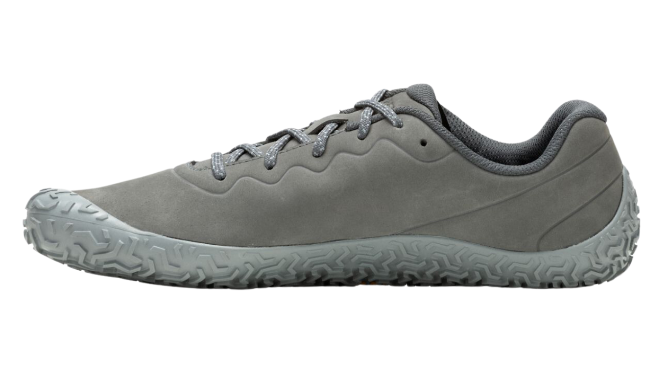 Barfußschuh mit Schnürsenkeln, geschlossener Zehenbox und geschlossenem Fersenbereich, profilierte Sohle, Seitenansicht außen