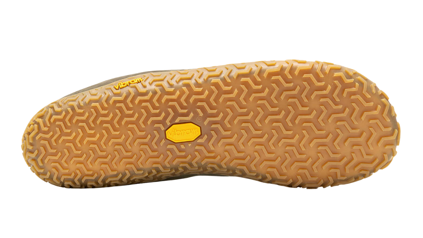 Barfußschuh mit profilierter Laufsohle und geometrischem Profilmuster, Ansicht von unten