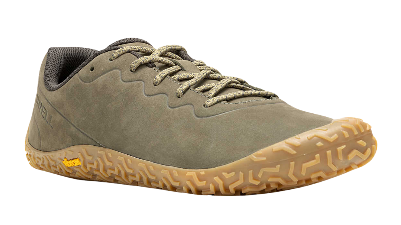 Barfußschuh mit Schnürsenkeln, geschlossener Zehenbox und geschlossenem Fersenbereich, profilierte Sohle, Seitenansicht außen