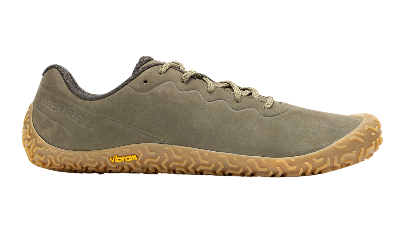 Barfußschuh mit Schnürsenkeln, geschlossener Zehenbox und geschlossenem Fersenbereich, profilierte Sohle, Seitenansicht außen