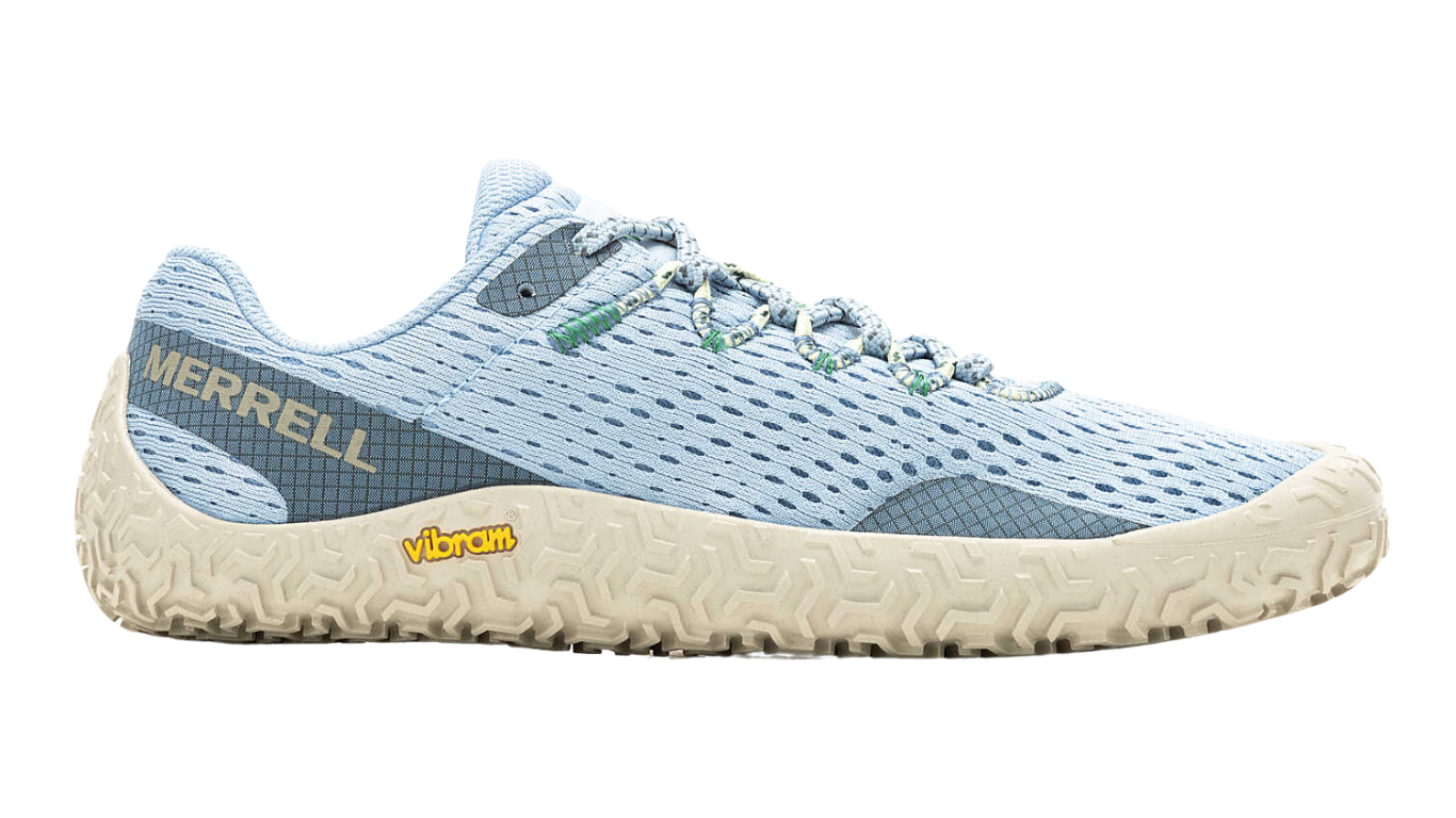 Barfußschuh mit Schnürsenkeln, geschlossener Zehenbox und geschlossenem Fersenbereich, profilierte Sohle, Seitenansicht außen