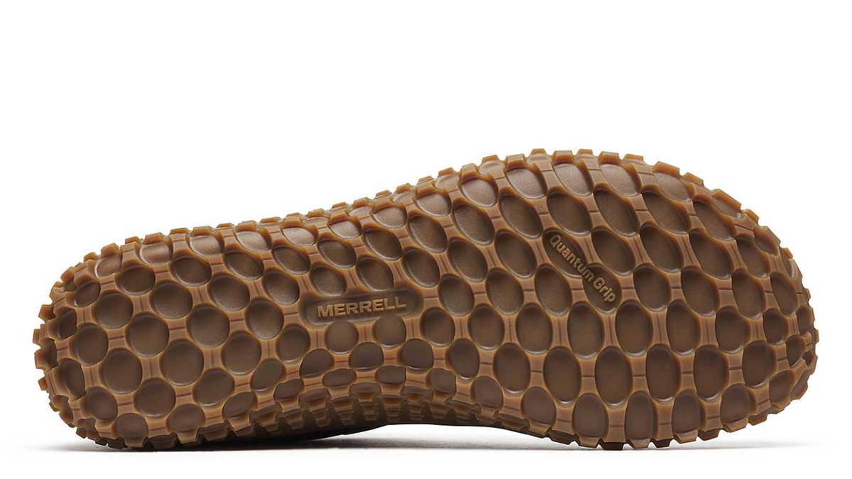 Ausgeprägte Noppenlaufsohle des Merrell Wrapt Sneaker in Blau Dusk, Sohlenansicht.
