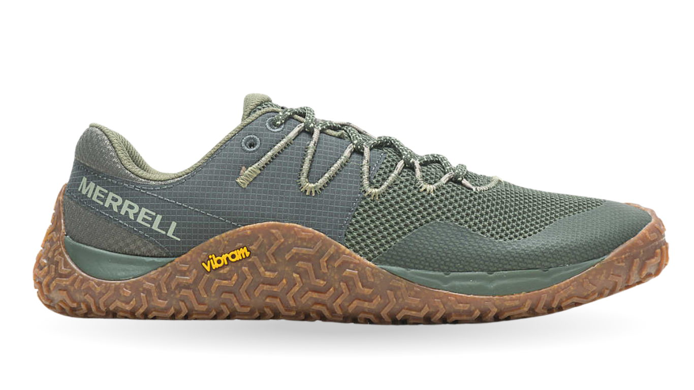 Barfußschuh mit Schnürsenkeln, geschlossener Zehenbox und geschlossenem Fersenbereich, profilierte Sohle, Seitenansicht außen