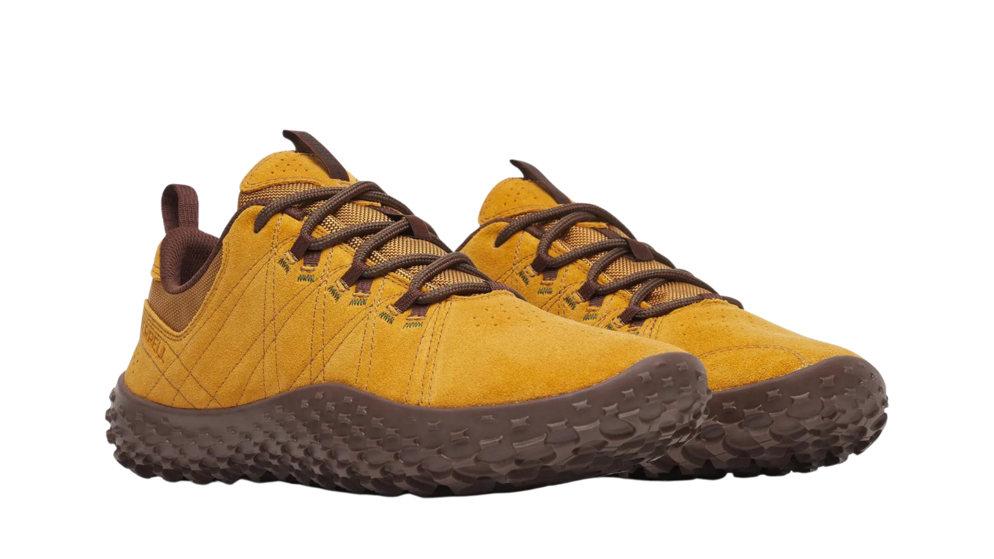 Barfußwanderhalbschuh für Erwachsene als Paar mit Schnürung, breiter Zehenbox und profilierter Sohle, schräge Vorderansicht