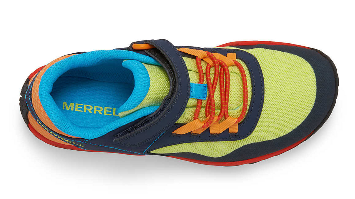 Barfußschuh für Kinder mit Klettverschluss und Schnürsenkeln, geschlossener Zehenbox und geschlossenem Fersenbereich, profilierte Sohle, Draufsicht