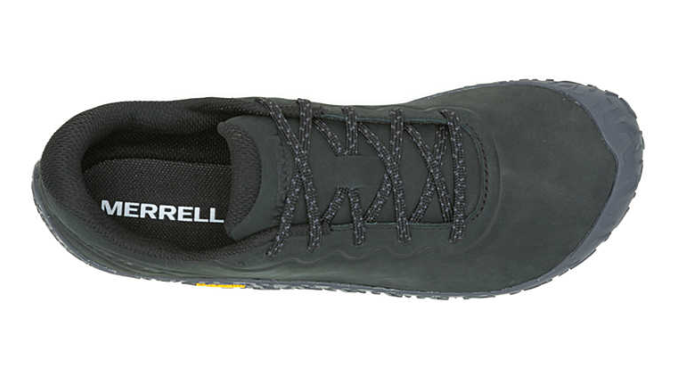 Barfußschuh mit Schnürsenkeln, geschlossener Zehenbox und geschlossenem Fersenbereich, profilierte Sohle, Draufsicht