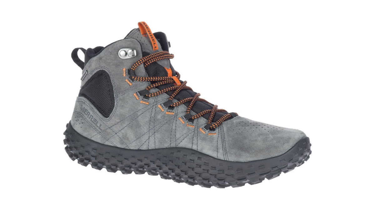 Barfußwanderschuh mit Schnürsenkeln, geschlossener Zehenbox und geschlossenem Fersenbereich, hoher Schaft, profilierte Sohle, Seitenansicht außen