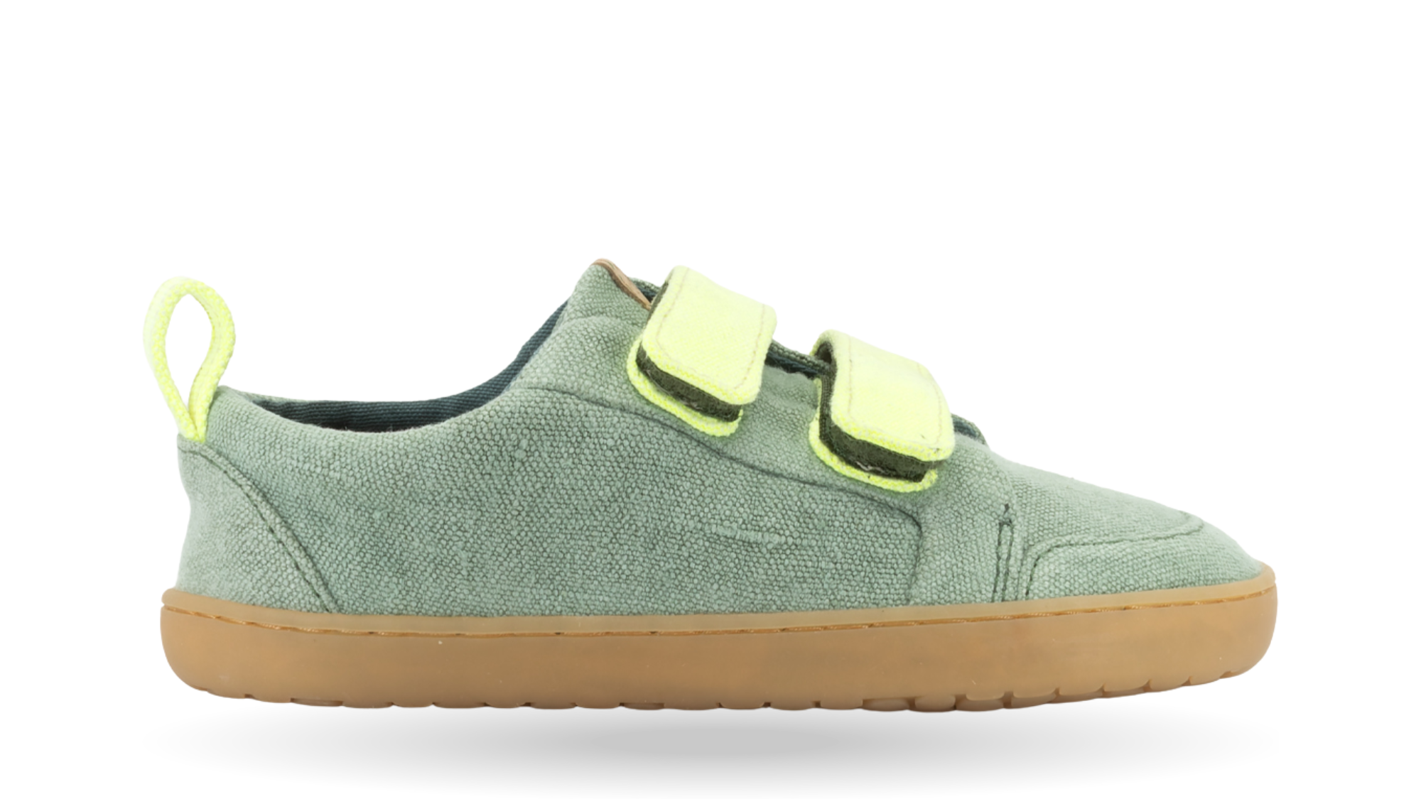 Kinder-Barfußsneaker mit zwei Klettverschlüssen und geschlossener Zehenpartie, Einzelschuh, Seitenansicht außen