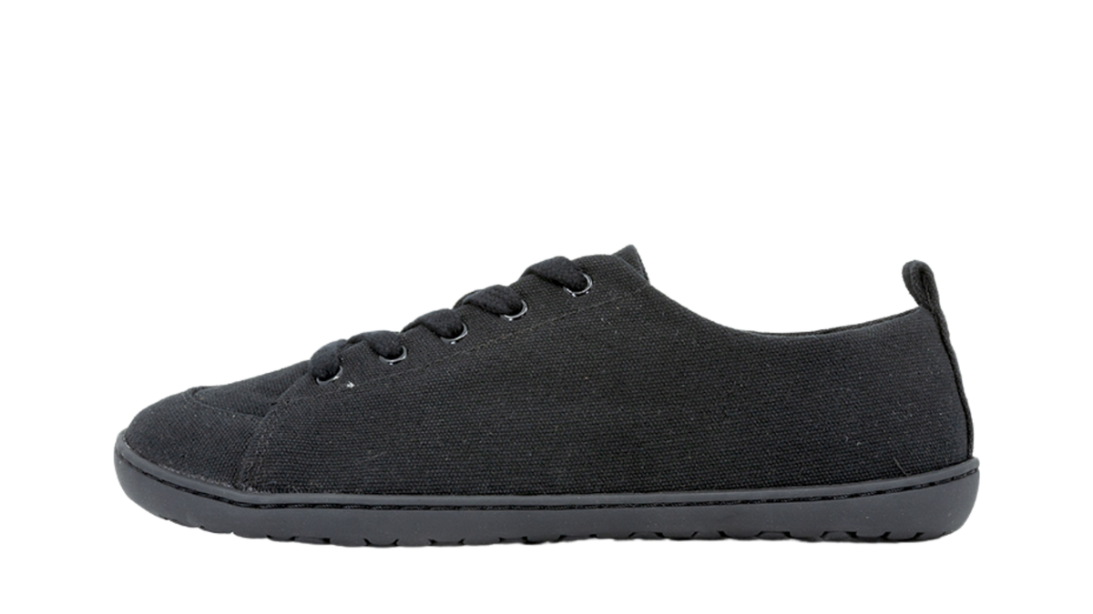 Barfußsneaker mit Schnürung, Textil-Obermaterial und geschlossener Zehenpartie, Einzelschuh, Seitenansicht innen