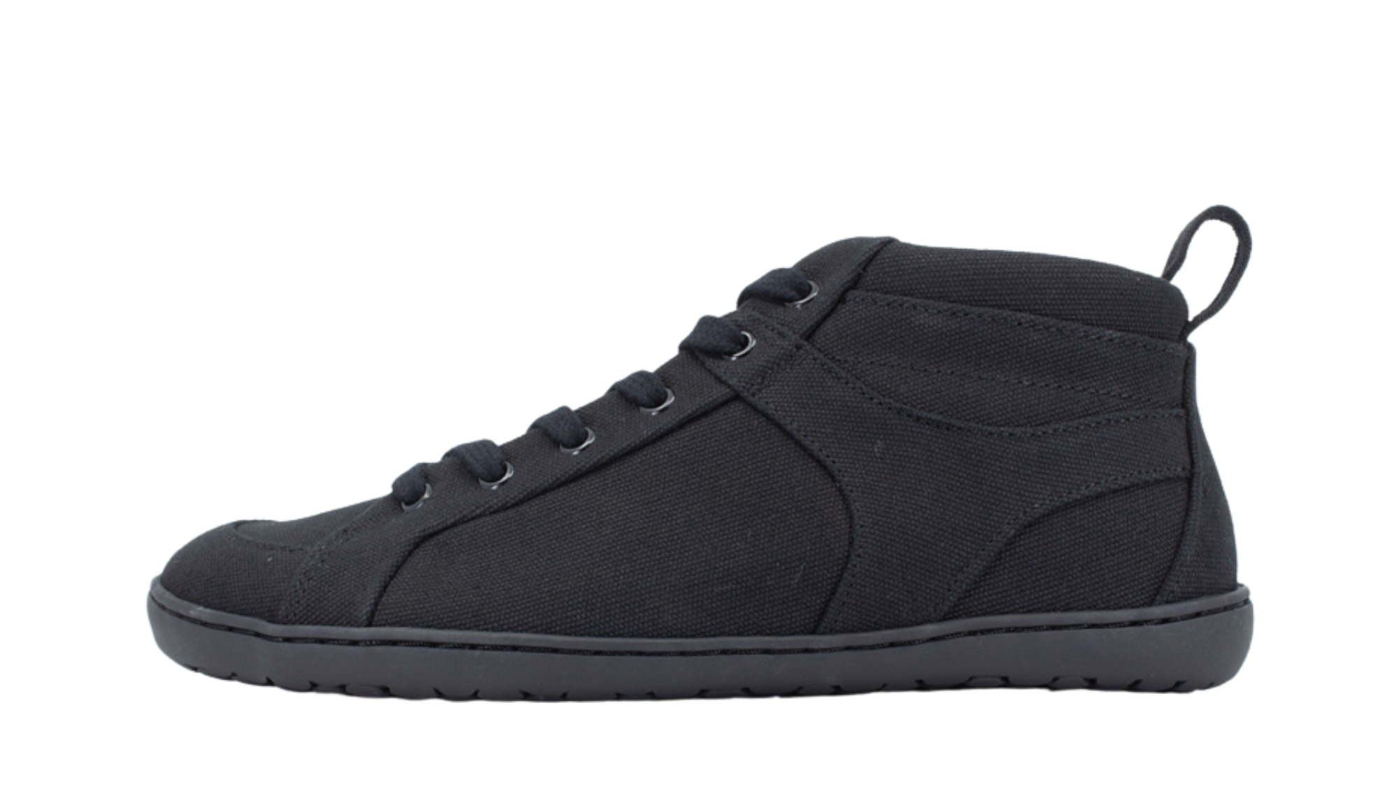 Hoher Barfußsneaker mit Schnürung, Textil-Obermaterial und geschlossener Zehenpartie, Einzelschuh, Seitenansicht innen