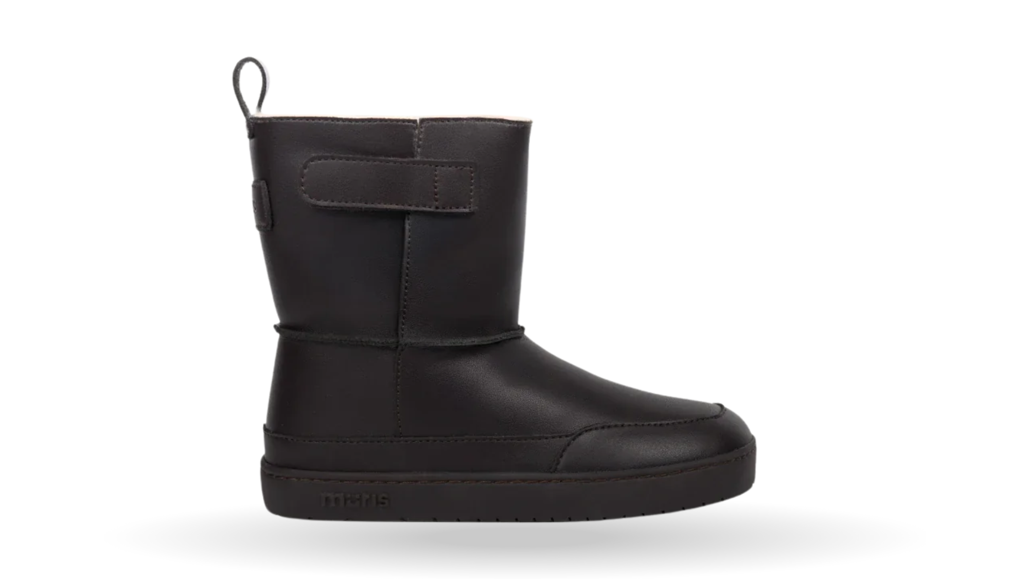 Barfußwinterstiefel für Kinder, Seitenansicht außen, geschlossene Zehenpartie, geschlossener Fersenbereich, Schaft mit Klettverschluss, flache Sohle