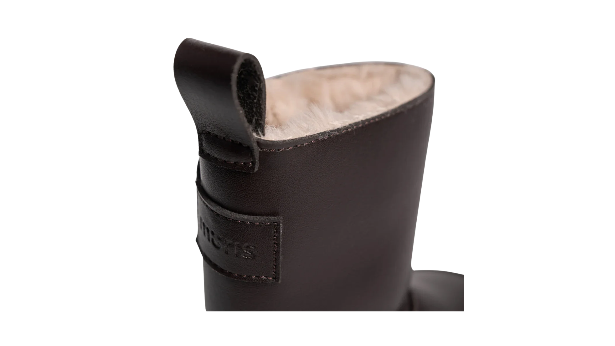 Barfußwinterstiefel für Kinder, Detailansicht, Schaft mit Klettverschluss, Zuglasche am Schaftrand, geschlossener Schaftabschluss
