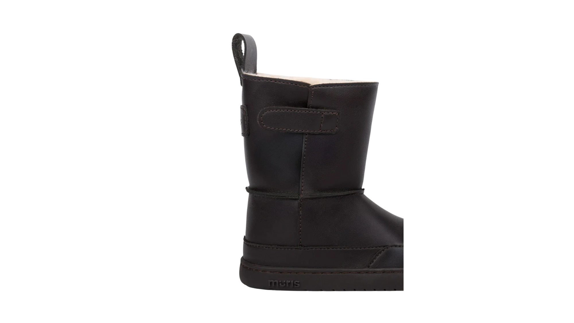 Barfußwinterstiefel für Kinder, Seitenansicht innen, geschlossene Zehenpartie, geschlossener Fersenbereich, Schaft mit Klettverschluss, Zuglasche, flache Sohle
