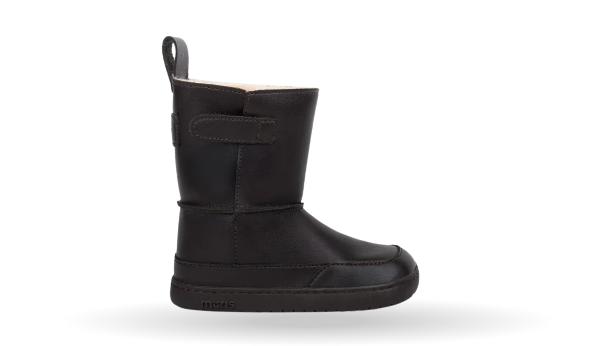 Barfußwinterstiefel für Kinder, Seitenansicht außen, geschlossene Zehenpartie, geschlossener Fersenbereich, Schaft mit Klettverschluss, flache Sohle